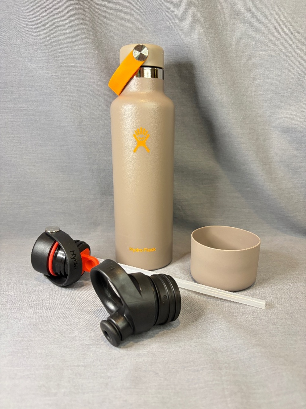 Hydro Flask 21 oz Tan & Orange w/ Boot Sport Cap & Straw Cap Limited Edition